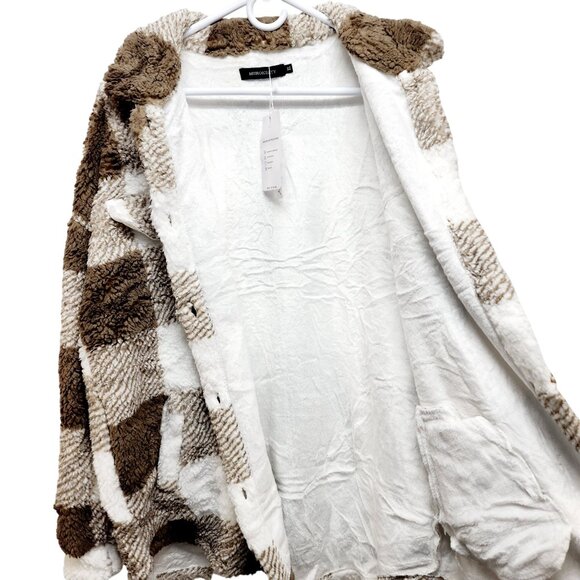 Merokeety Womens Size XL Plaid Sherpa Fleece Jacket Brown White Button-Up - Picture 11 of 14